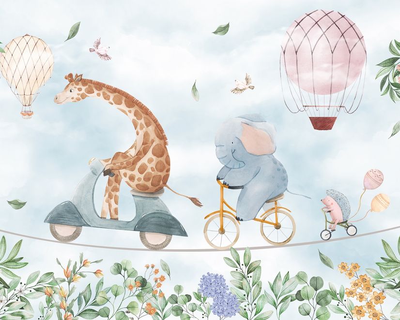 Papier peint animaux mignons à vélo pour enfants