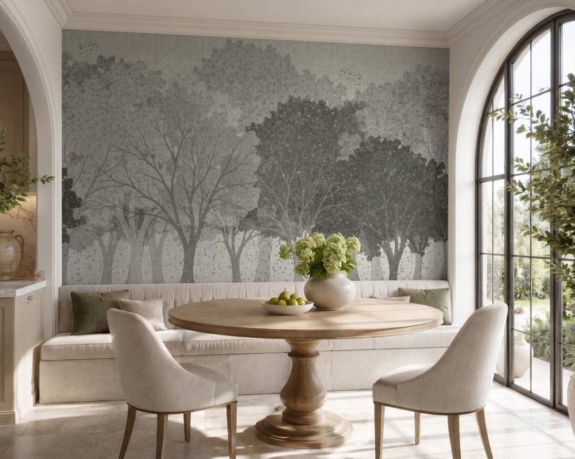 Light gray wallpaper mural with layered ink-wash woodland trees, falling leaves and birds
