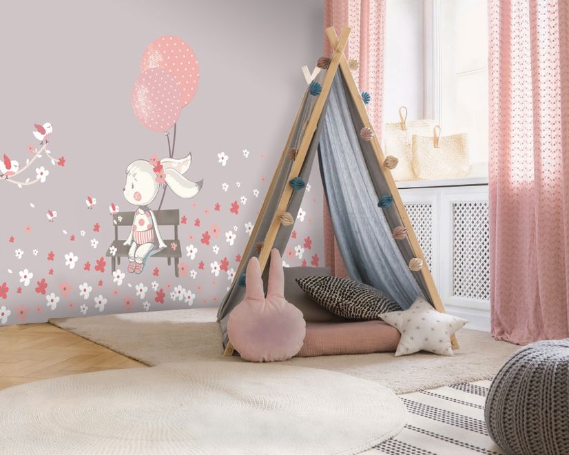 Cute Bunny with Pink Balloons and Little Flowers Wall Decal Sticker