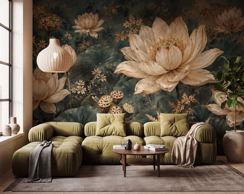 Ivory lotus flowers and seed pods on charcoal teal lily pads in a botanical lotus wallpaper mural
