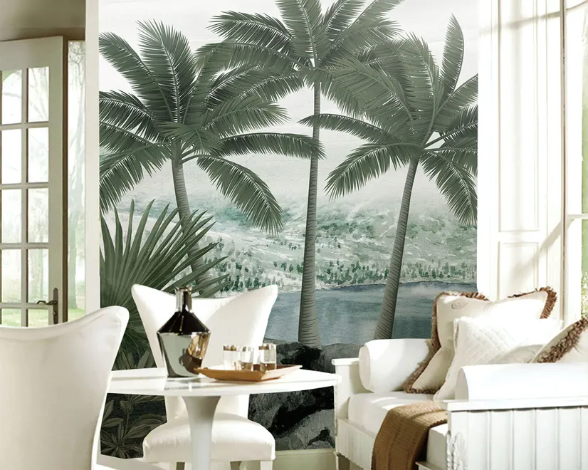 Papier peint forêt tropicale brumeuse lac
