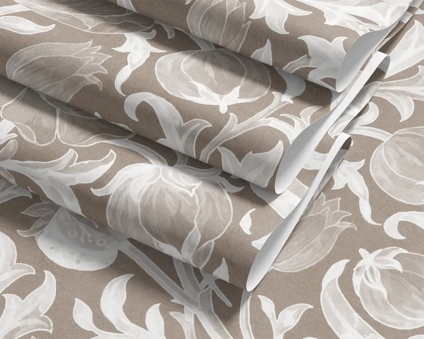 Greige botanical wallpaper with white watercolour flowers, buds, seed heads and acanthus leaves
