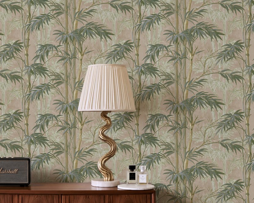 Vintage bamboo wallpaper with sage and smoky blue-green leaves on a warm taupe ground