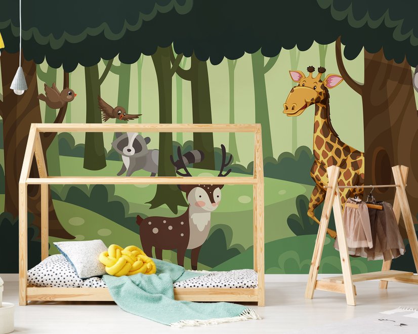 Papier peint panoramique animaux de la forêt dessinés