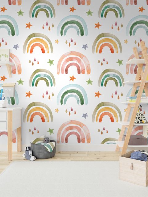 Papier peint panoramique pour enfants, arc-en-ciel coloré avec des gouttes