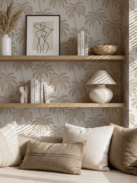 Muted sandy taupe palm trees and pale foliage on a creamy ivory ground tropical wallpaper