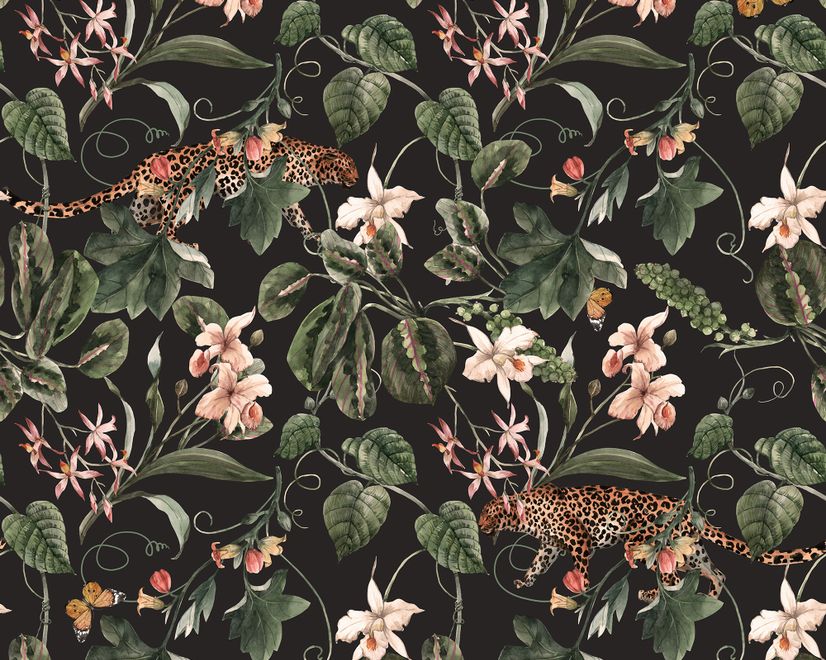 Watercolor Dark Tropical Art with Leopard Wallpaper Mural