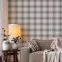 Neutral beige and brown plaid wallpaper with cream squares, taupe woven blocks and fine dark brown lines