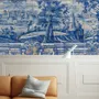 Papier peint panoramique Chinoiserie bleue avec motif de carreaux de brosse