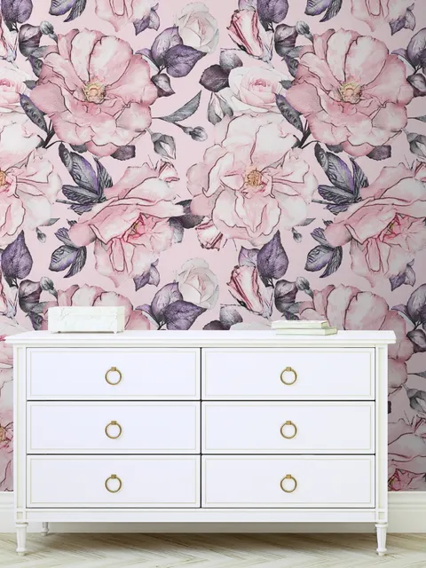 Watercolor Pink Floral Pattern Wallpaper Mural