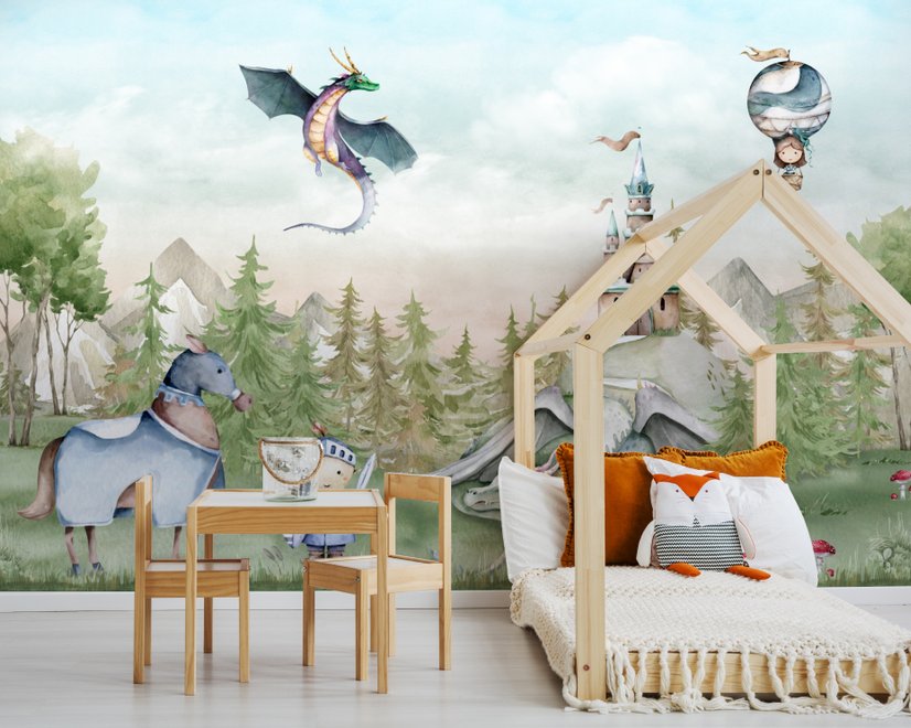 Papier peint dragons conte fée prince princesse enfants