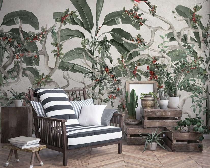 Papier peint panoramique feuilles tropicales et baies