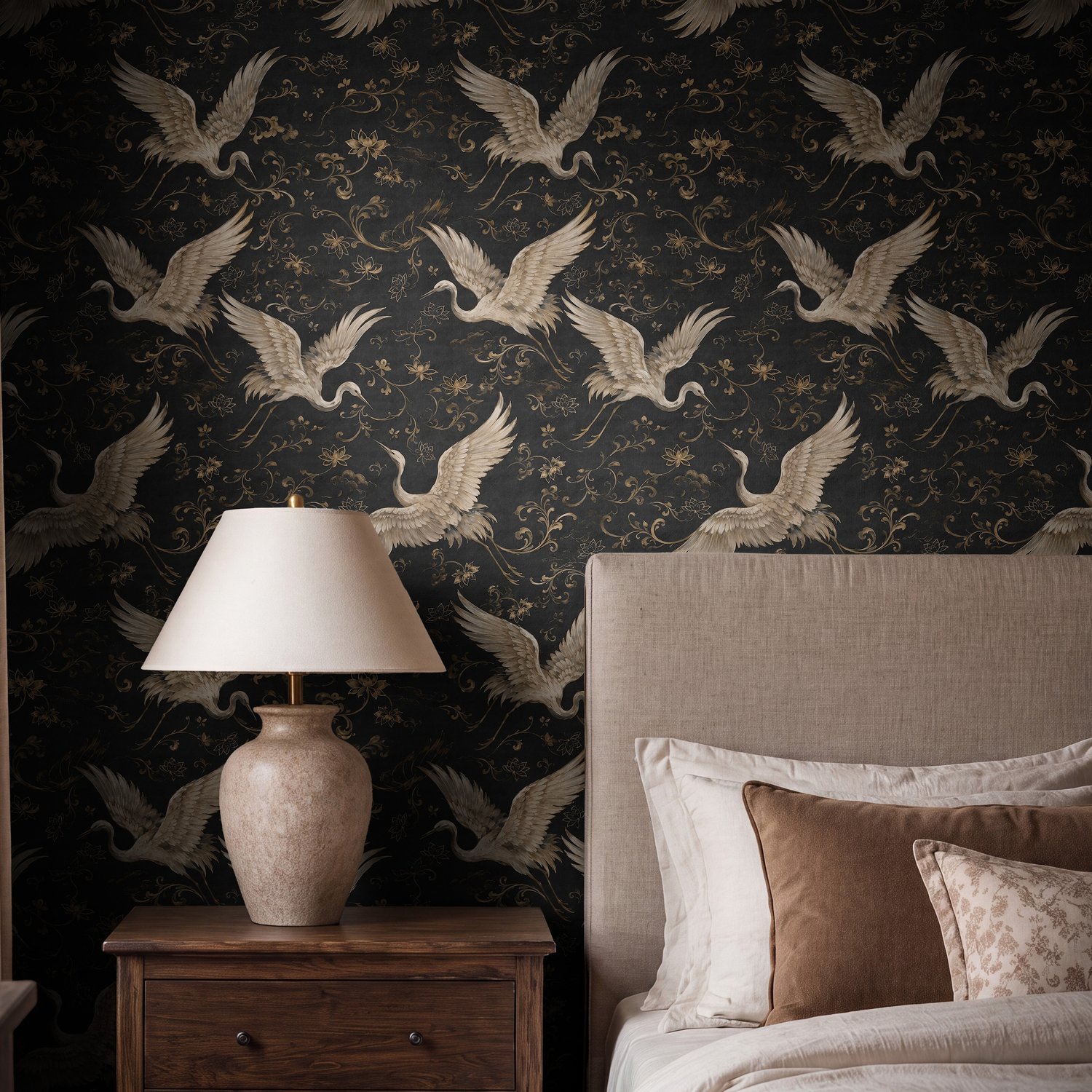 Japanese Lotus Flower Crane Bird Wallpaper - Peel and Stick