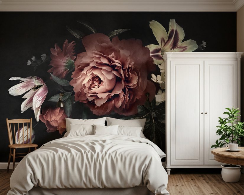 Dark Floral Bouquet with Red Peony and Lily Wallpaper Mural