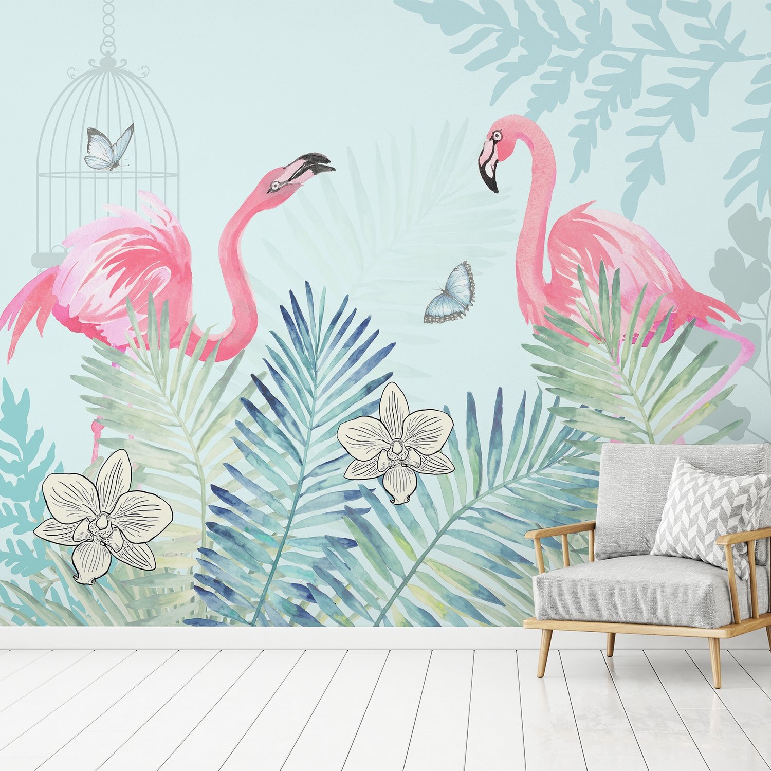 Vintage Pink Flamingo with Tropical Leaves Wallpaper Mural - Peel and Stick