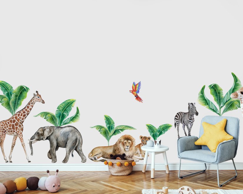 Kinder Aquarell Safari Tiere mit Bananenblättern Wandtattoo