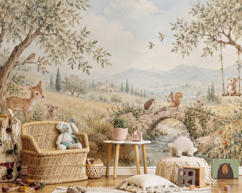 Watercolour woodland wall mural with fawn, rabbits, stone bridge, stream and distant cypress countryside
