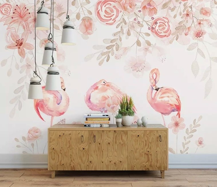 Pink Flamingo with Pink Flowers Wallpaper Mural - Peel and Stick