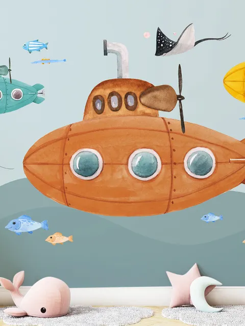 Kids Boys Watercolor Underwater with Submarine Wallpaper Mural