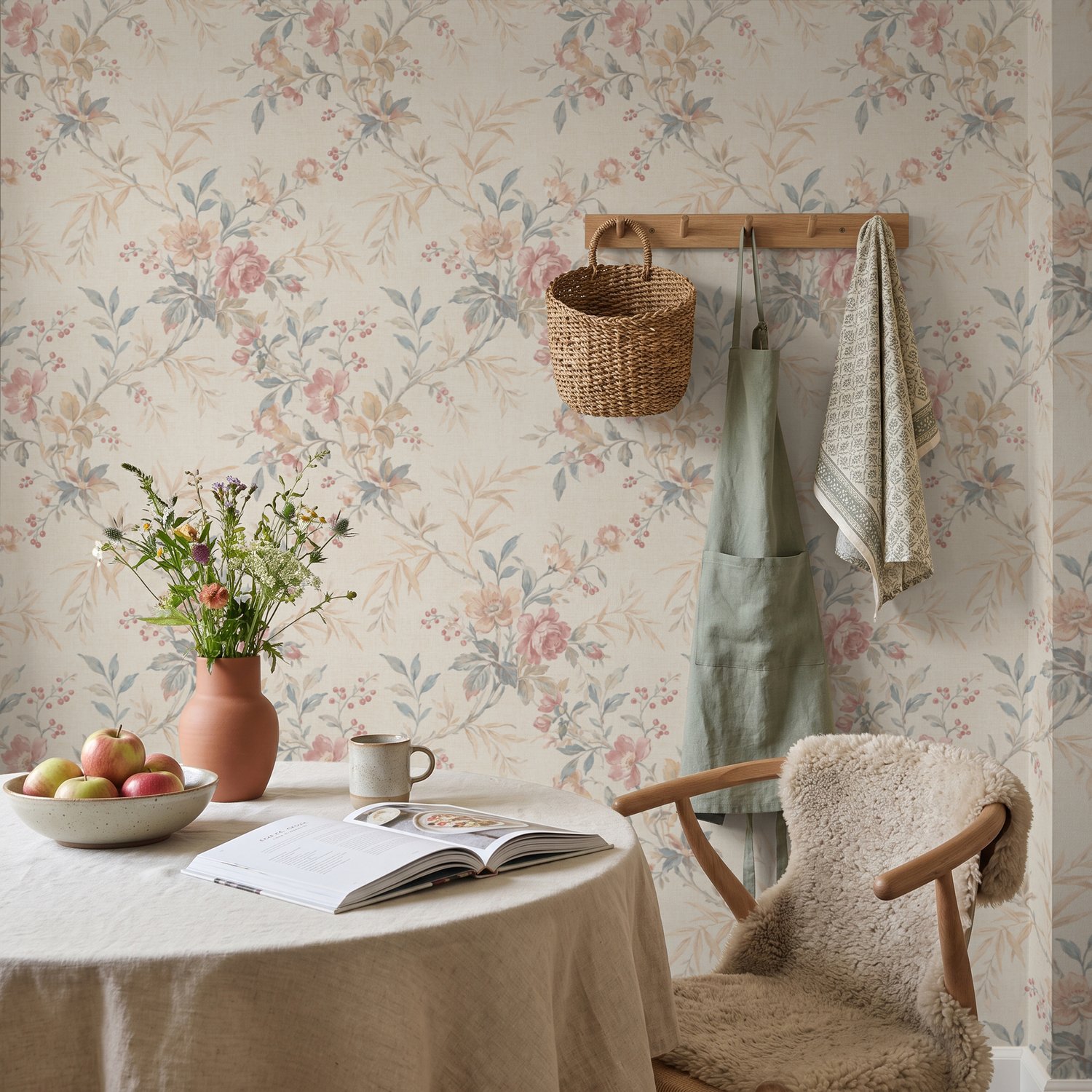 Pink Chinoiserie Wallpaper with Watercolor Florals - Peel and Stick