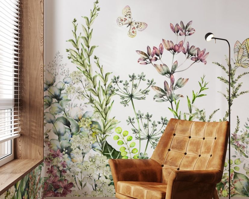 Wild Floral and Green Fresh Leaves Wallpaper Mural