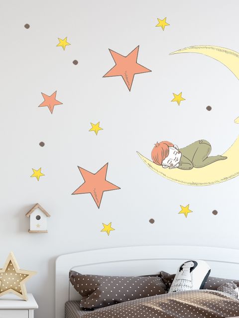 Nursery Smiling Moon with Orange and Yellow Stars Wall Decal Sticker