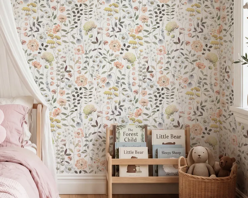 Watercolour wildflower wallpaper with pastel flowers and sage leaves on a white ground