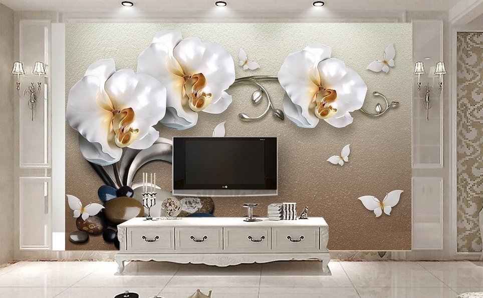 3D Look Orchid Floral with Pebble Wallpaper Mural - Peel and Stick