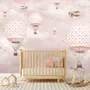 Kids Girls Pink Sky of Hot Air Balloon and Aircraft Wallpaper Mural