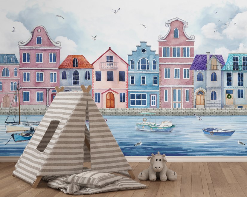 Watercolor Dutch Houses Wallpaper Mural for Kids