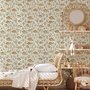 Watercolor fish wallpaper with grey-blue fish, seafoam seaweed, starfish and bubbles on warm cream