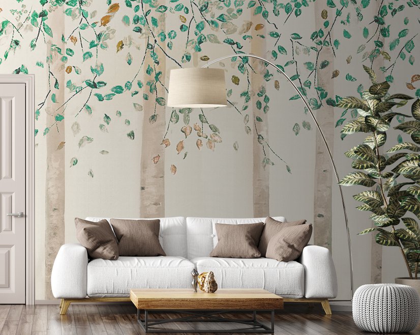 Watercolor Style Forest with Green Brown Little Leaves Wallpaper Mural