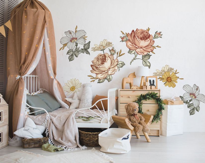Nursery Soft Vintage Peony Floral Wall Decal Sticker