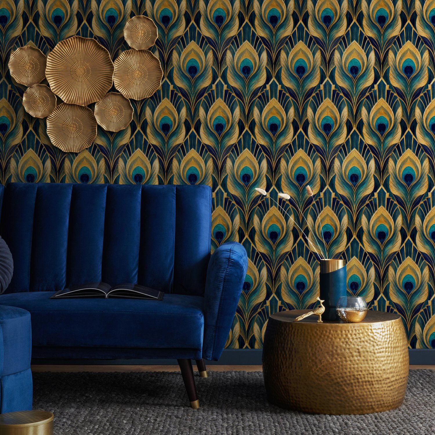 Art Deco Wallpaper with Peacock Feathers - Peel and Stick