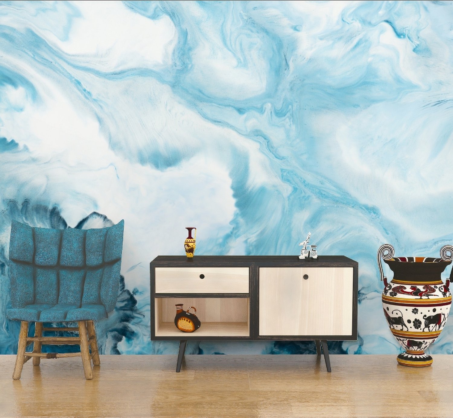 Acrylic Painting Fresh Blue Waves Wallpaper Mural - Peel and Stick