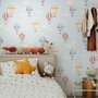 Hot air balloon wallpaper with watercolor balloons, ivory clouds and peach gold stars on pale powder blue