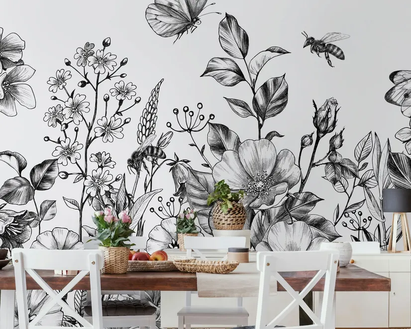 Black and White Floral Wallpaper Mural