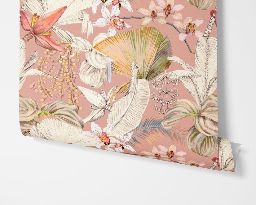 Pink tropical wallpaper with ivory fan palms, orchids, coral blossoms and sage foliage on dusty rose
