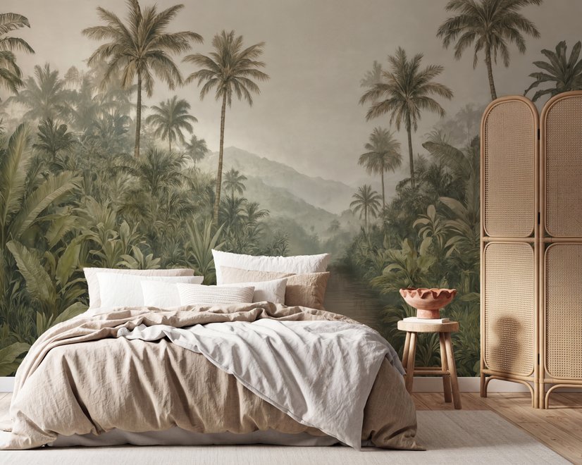 Misty tropical forest wallpaper with palms, pale river and hazy hills in muted green sepia