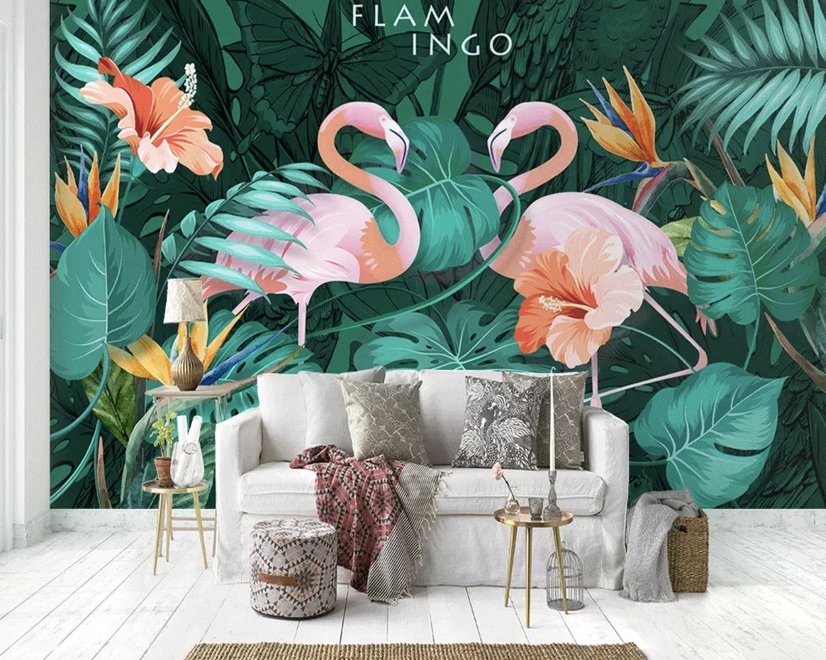 Coral and Pink Flamingo with Tropical Leafy Wallpaper Mural