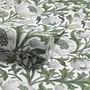 Sage green botanical floral wallpaper with white poppy flowers, lobed leaves and dotted seed centres