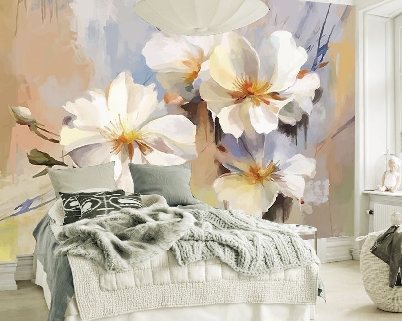 Papier peint panoramique fleurs blanches à la peinture à l'huile