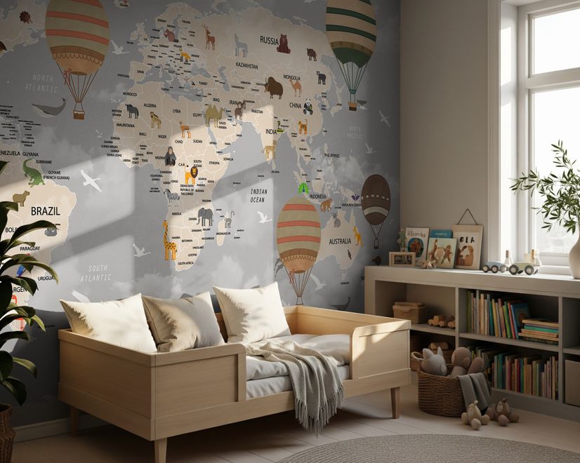 Kids World Map with Vintage Hot Air Balloon Wallpaper Mural