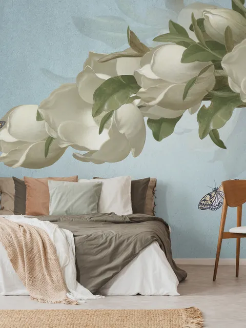 Papier peint panoramique floral et papillon Gardenia