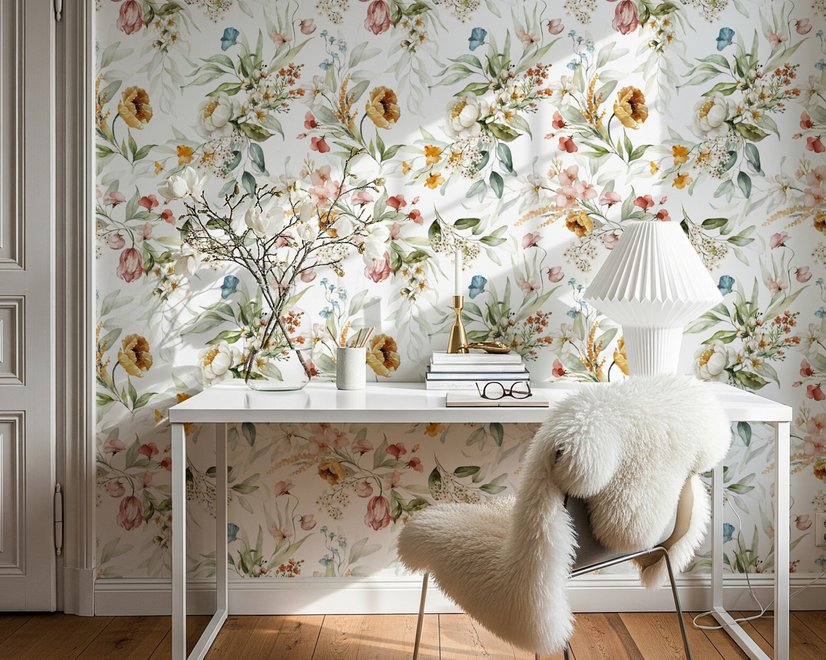 Watercolour floral wallpaper with sage leaves, blush and ochre flowers on a white ground