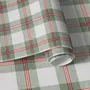 Sage green and cream-white tartan plaid wallpaper with deep red stripes and woven thread texture