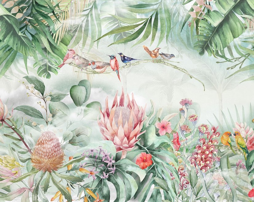 Papier peint cactus tropical exotique coloré petits oiseaux