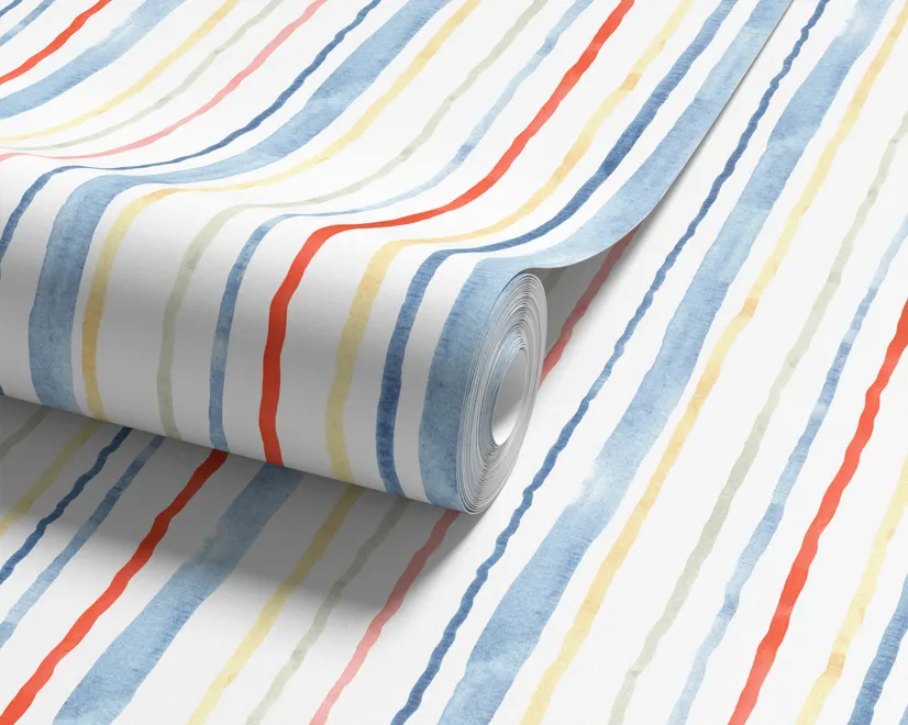 Blue and light blue wallpaper with hand-painted vertical watercolour stripes on a clean white ground