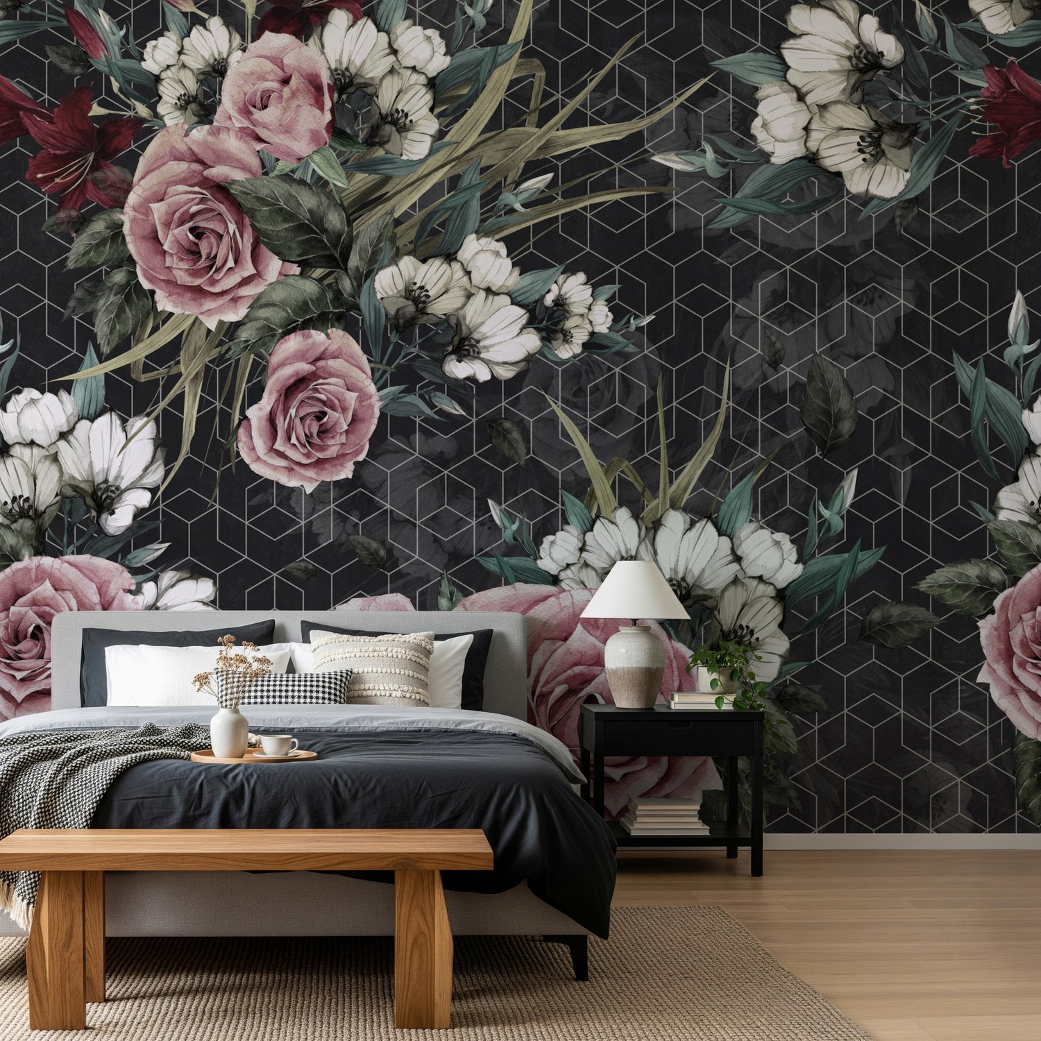 Colorful Floral with Dark Geometric Pattern Wallpaper Mural - Peel and Stick