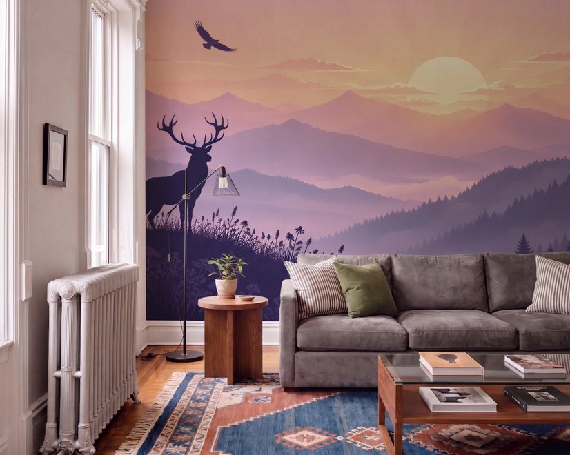 Stag mountain wallpaper with a navy deer silhouette, lavender pine ridges and a pale golden sun